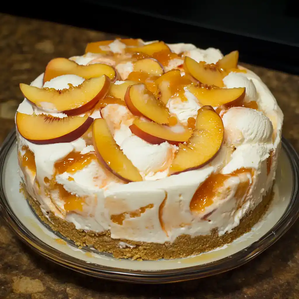 Sweet peach ice cream cake with caramel sauce and graham cracker crust, perfect for summer desserts.