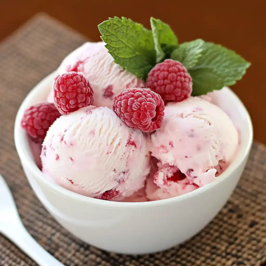Creamy raspberry ice cream topped with fresh raspberries and mint leaves. Perfect for summer desserts and easy homemade ice cream recipes. Refreshing, fruity, and sweet treat.