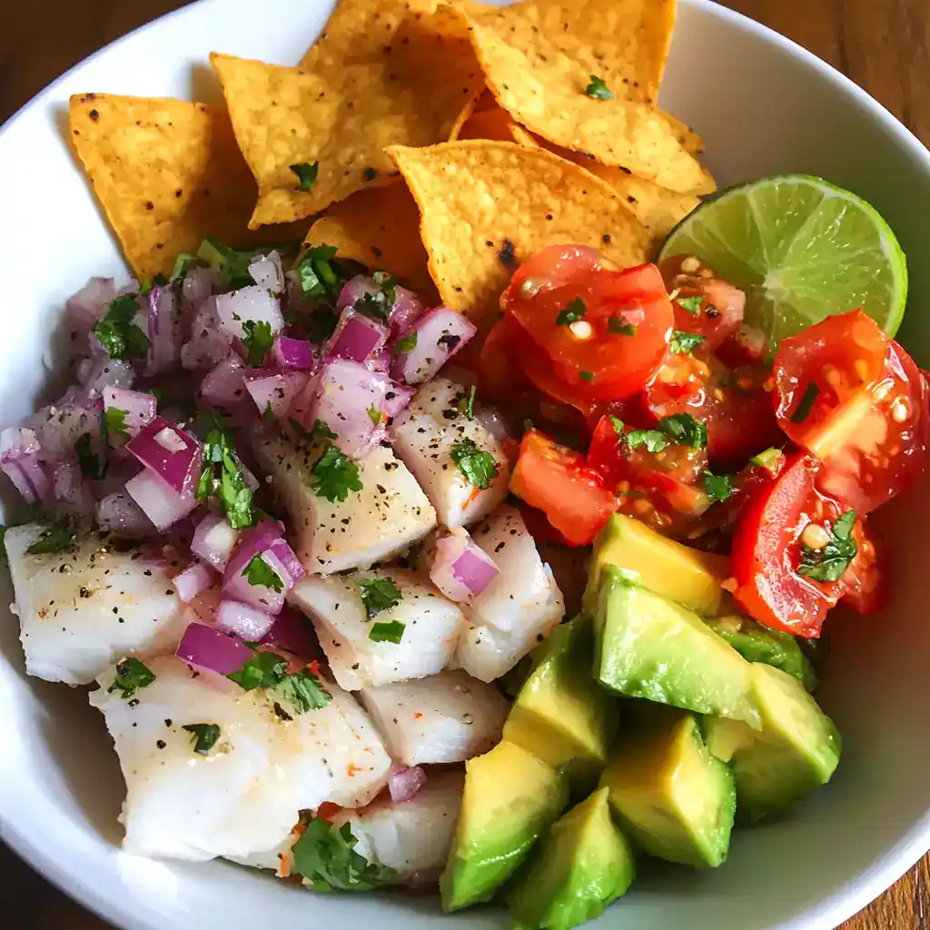 Fresh ceviche with diced fish, red onion, tomato, avocado, and lime, served with tortilla chips. A popular Mexican appetizer perfect for summer or any casual gathering.