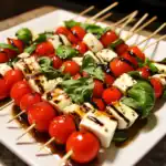 Fresh Caprese Skewers with Cherry Tomatoes, Mozzarella, Basil, and Balsamic Glaze for Easy Appetizer or Party Snack.