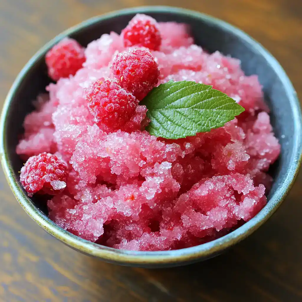 Frozen raspberry granita with a fresh mint leaf in a bowl, perfect for summer desserts.