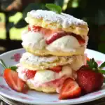 Buttercream strawberry shortcake dessert with fresh strawberries and whipped cream on a decorative plate in natural lighting alt text, caption, description to follow.