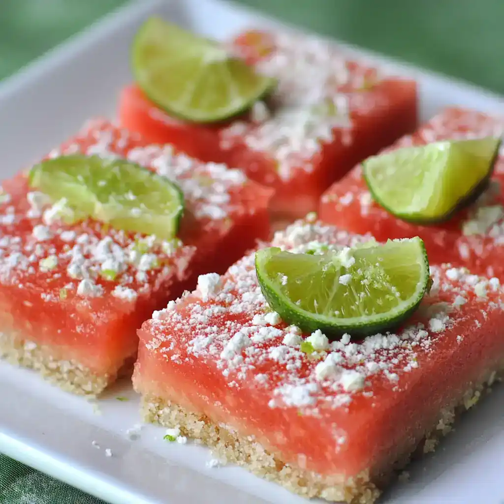 Fresh watermelon bars topped with lime wedges and coconut flakes on white plate, a delicious summer fruit dessert from Station Recipes.