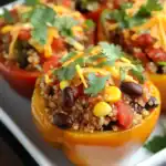 Colorful stuffed bell peppers filled with cooked quinoa, black beans, corn, tomatoes, and shredded cheddar cheese, garnished with fresh cilantro, showcasing a healthy and flavorful vegetarian dish.