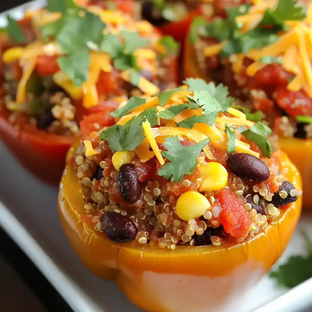 Colorful stuffed bell peppers filled with cooked quinoa, black beans, corn, tomatoes, and shredded cheddar cheese, garnished with fresh cilantro, showcasing a healthy and flavorful vegetarian dish.