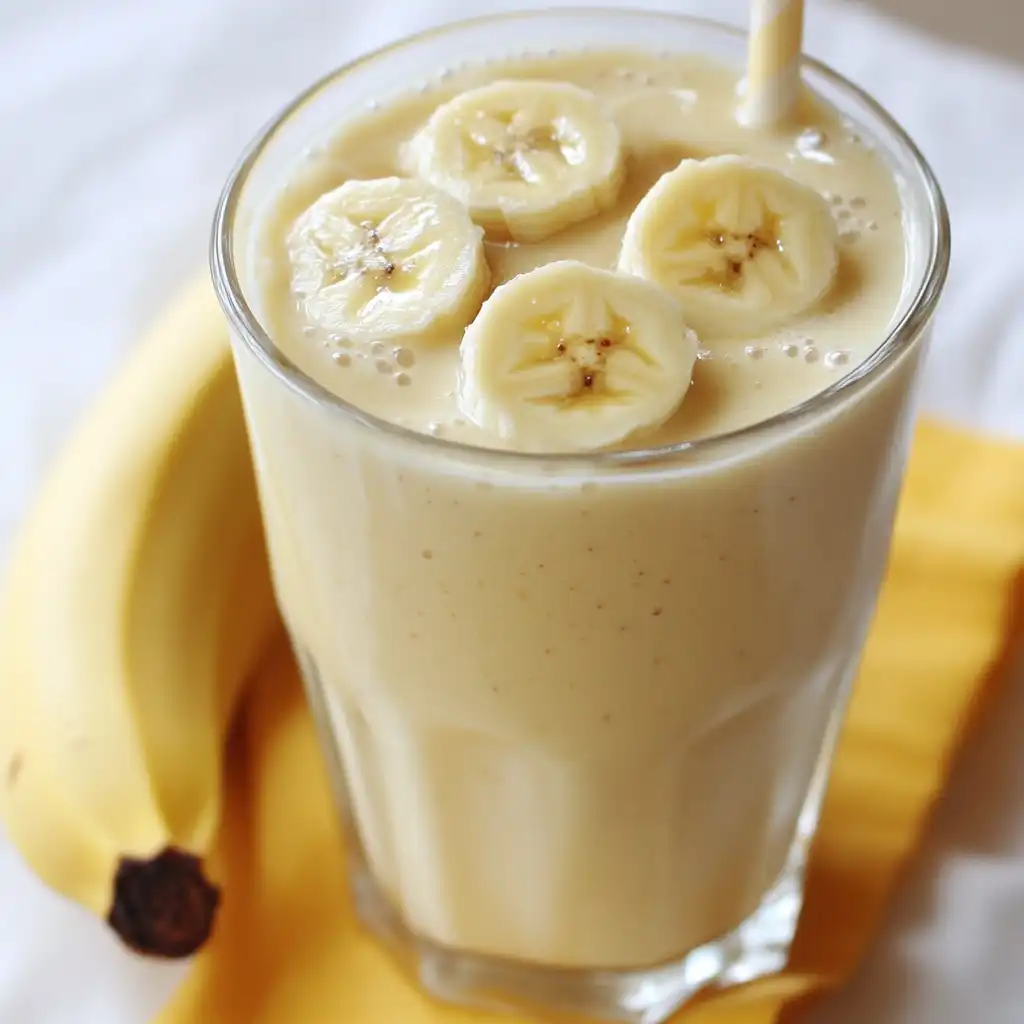 Creamy banana smoothie with fresh banana slices on top, served in a clear glass. Perfect for breakfast or a healthy snack, made with ripe bananas and cream for a rich, delicious flavor.