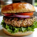 Juicy grilled hamburger with fresh vegetables on a sesame seed bun, close-up.