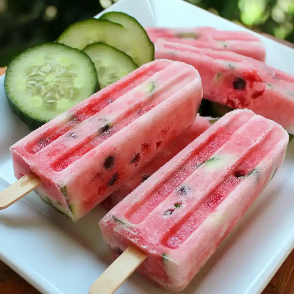 Refreshing watermelon popsicles with cucumber slices for a healthy summer treat, perfect for cooling off and enjoying fresh fruit flavors. Ideal for easy, homemade ice pops from Station Recipes.