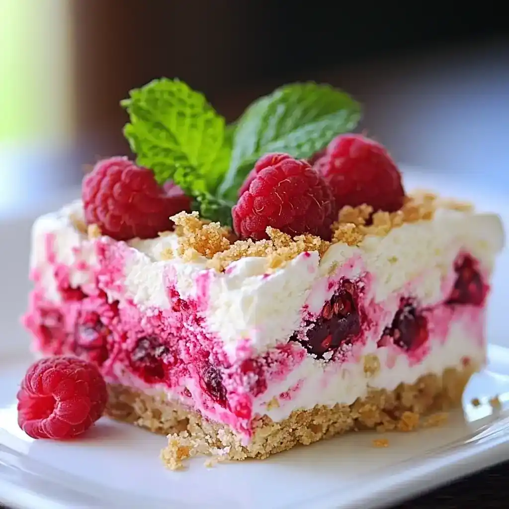 Fresh raspberry cheesecake with creamy layers, graham cracker crust, and topped with raspberries and mint leaves, perfect for dessert lovers.