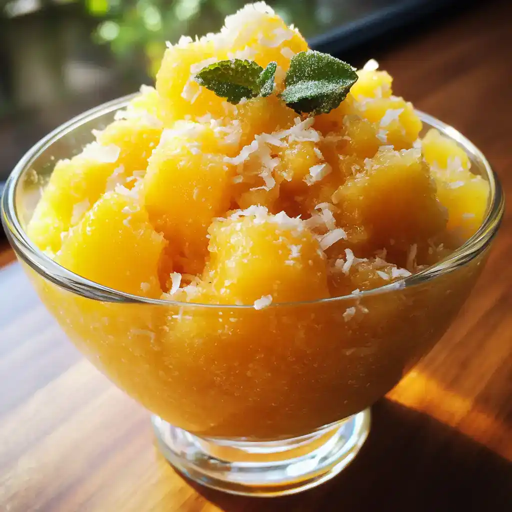 Sweet yellow mango sorbet garnished with mint leaves in a glass bowl, perfect for summer desserts and fruit lovers.