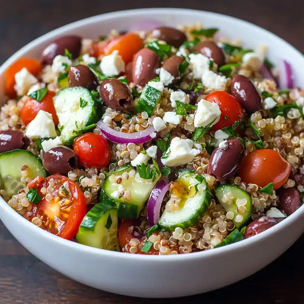 Fresh Mediterranean quinoa salad with cherry tomatoes, cucumbers, Kalamata olives, red onions, crumbled feta cheese, and chopped parsley in a white bowl.