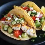 Grilled fish tacos with fresh vegetables, feta cheese, and lemon wedges on black plate, perfect for easy, flavorful station recipes.