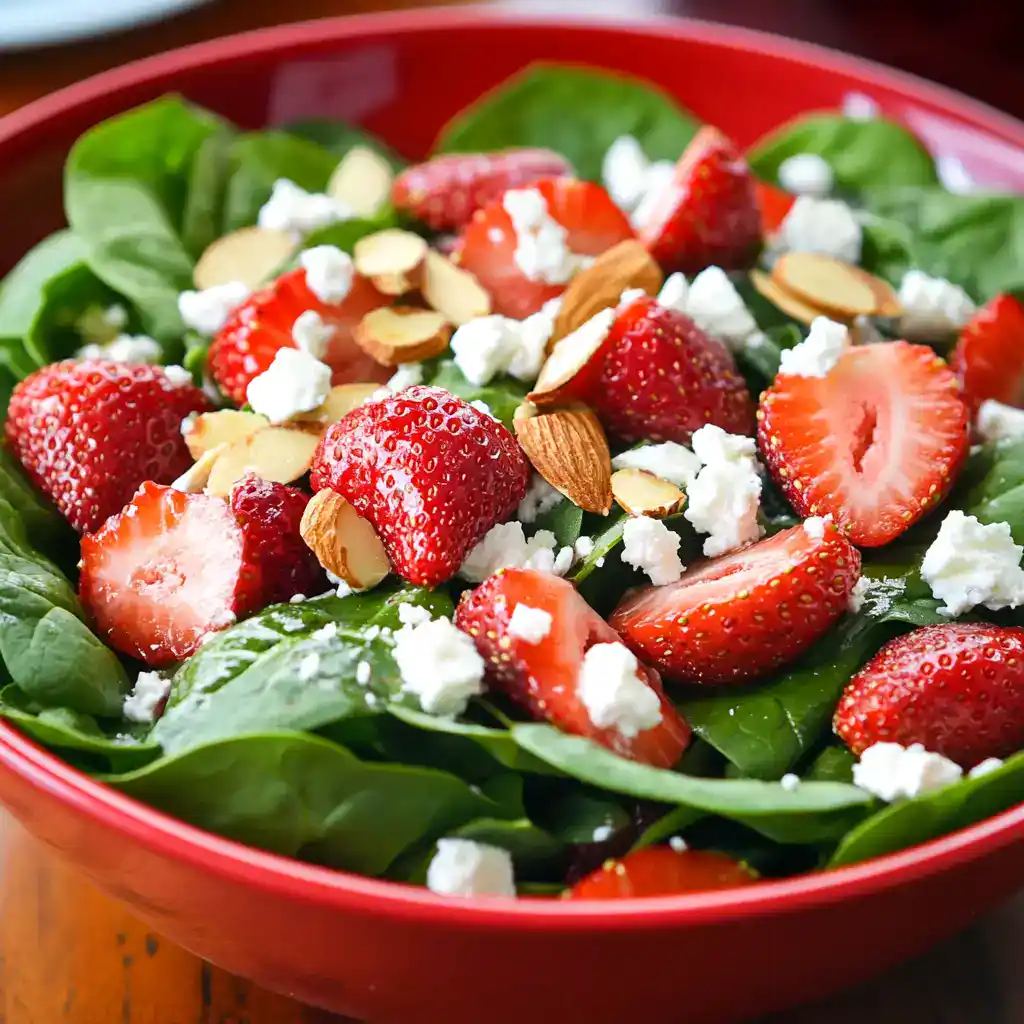 Fresh strawberry spinach salad with sliced strawberries, feta cheese, and toasted almonds in a red bowl. A healthy, colorful recipe perfect for summer dining.