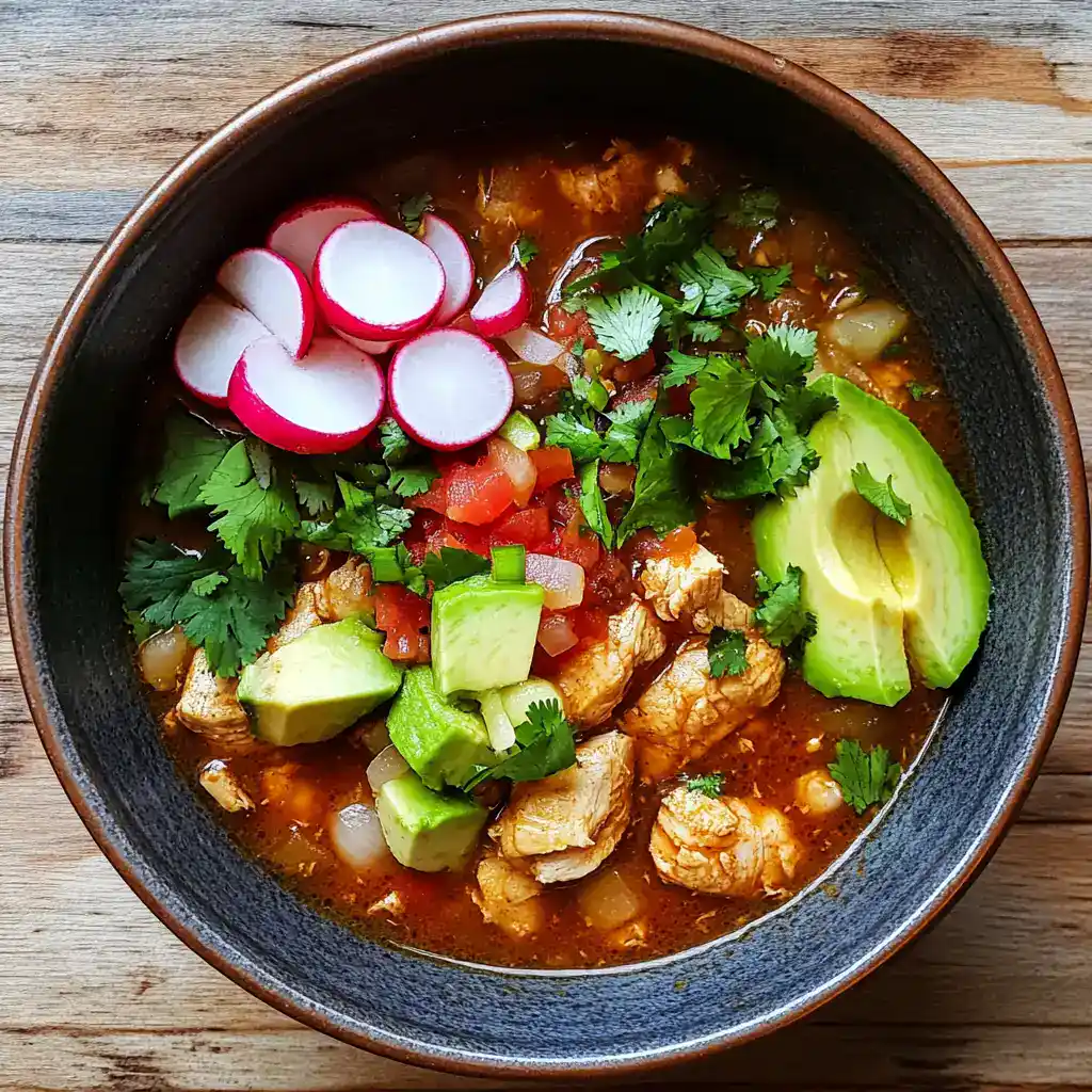 Fresh Mexican chicken soup with avocado, radishes, tomatoes, cilantro, and lime in a rustic bowl, perfect for cozy, flavorful meals.