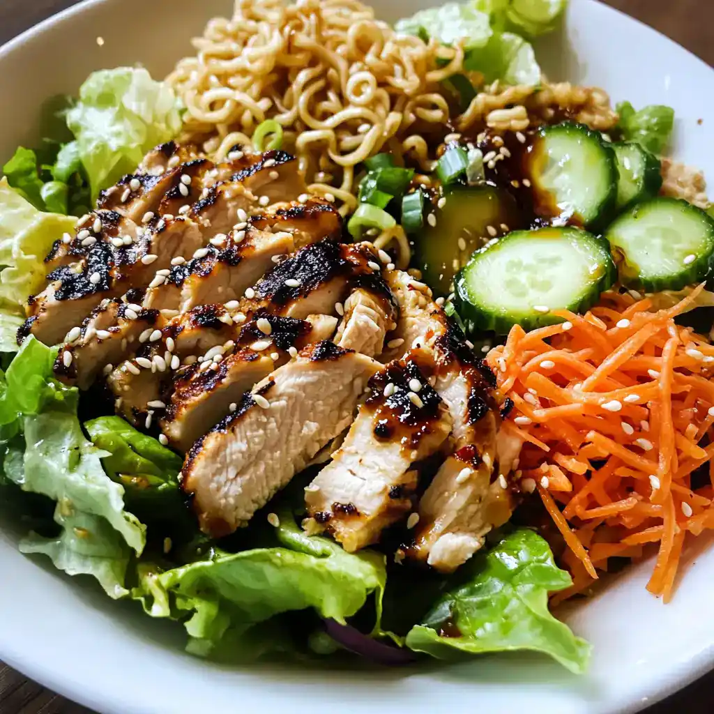 Grilled chicken salad with cucumbers, shredded carrots, lettuce, and ramen noodles, topped with sesame seeds and a tangy dressing. Perfect for a healthy, flavorful meal or lunch.