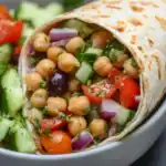 Soft flour tortilla filled with chickpeas, cucumbers, red onions, cherry tomatoes, black olives, and fresh herbs, perfect for healthy vegetarian wraps.