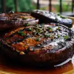 Juicy grilled pork chop with smoked garlic herb glaze, garnished with chopped parsley, served on a rustic plate. Delicious Station Recipes dinner idea.