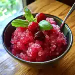 Juice, iced, mixed berry, granita, refreshing, summer drinks, berry dessert, easy recipe, Station Recipes, homemade, fruit granita, frozen treat, healthy dessert, chilling beverage, raspberry, blueberry, blackcurrant, basil garnish, flavorful, cold dessert, quick recipe, party drink.