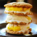 Butterscotch peach icebox cake with layers of peach, vanilla pudding, and crunchy cookies. Perfect for summer desserts, combining fresh fruit and creamy textures for a delightful treat.
