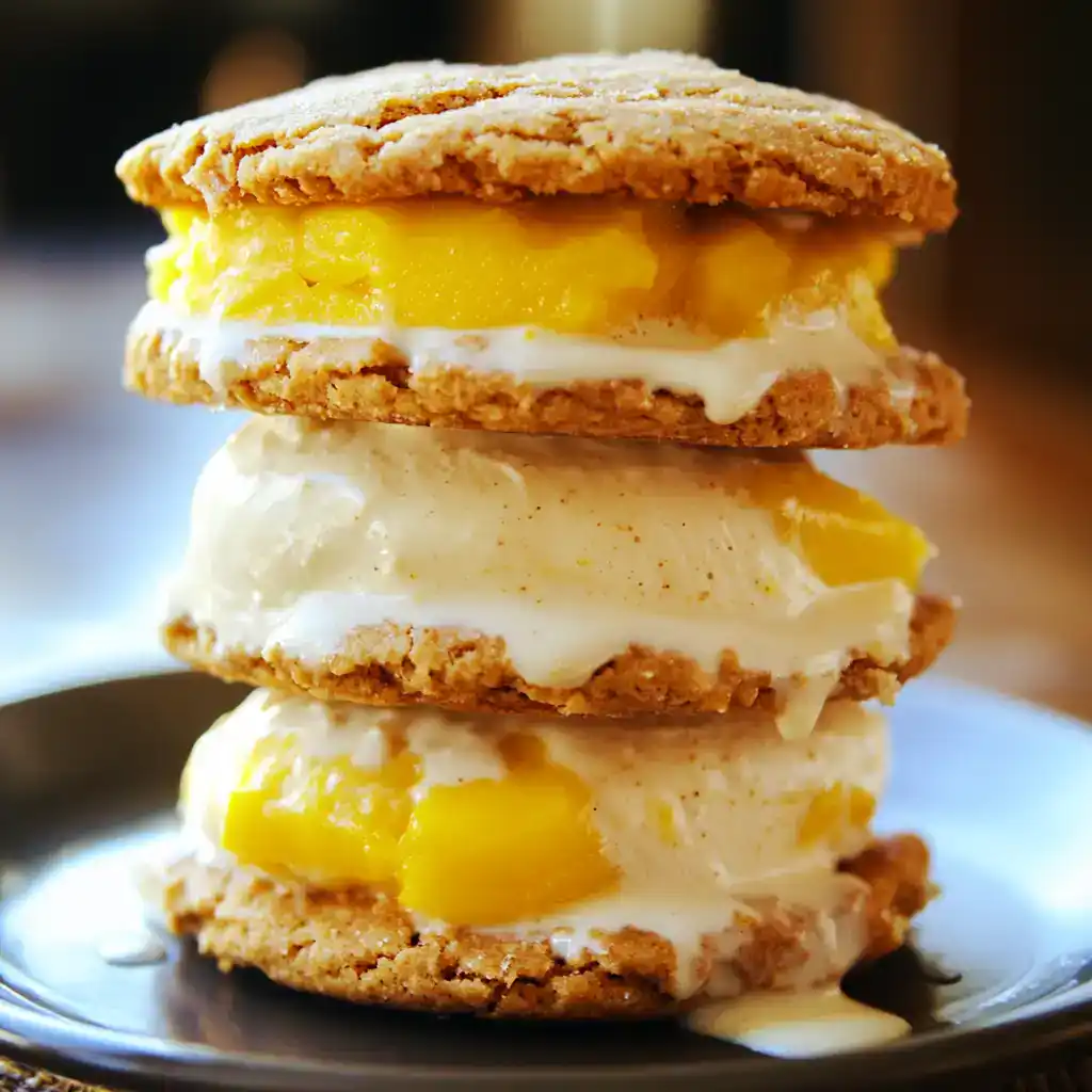 Butterscotch peach icebox cake with layers of peach, vanilla pudding, and crunchy cookies. Perfect for summer desserts, combining fresh fruit and creamy textures for a delightful treat.