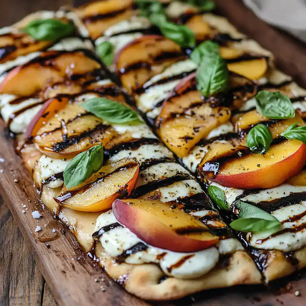 Fresh peach, mozzarella, basil, and balsamic glaze pizza on wooden serving board, gourmet summer appetizer, homemade Italian-style pizza with fresh ingredients, perfect for outdoor dining or family meals.