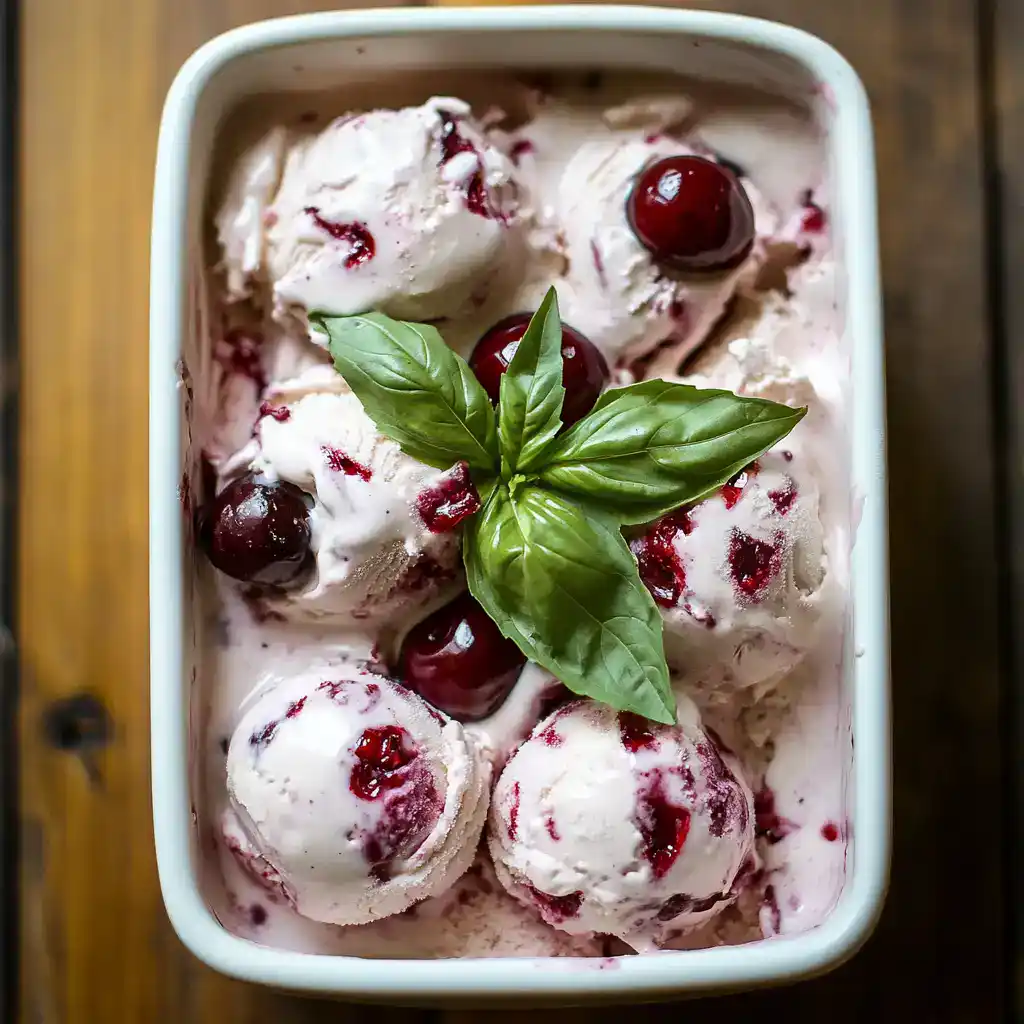 Creamy cherry ice cream with fresh cherries and a basil garnish in a white ramekin - perfect homemade dessert.