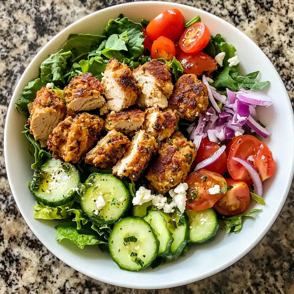 Falafel salad with fresh vegetables and feta cheese in a white bowl, healthy vegetarian meal, Mediterranean-inspired lunch, Station Recipes.