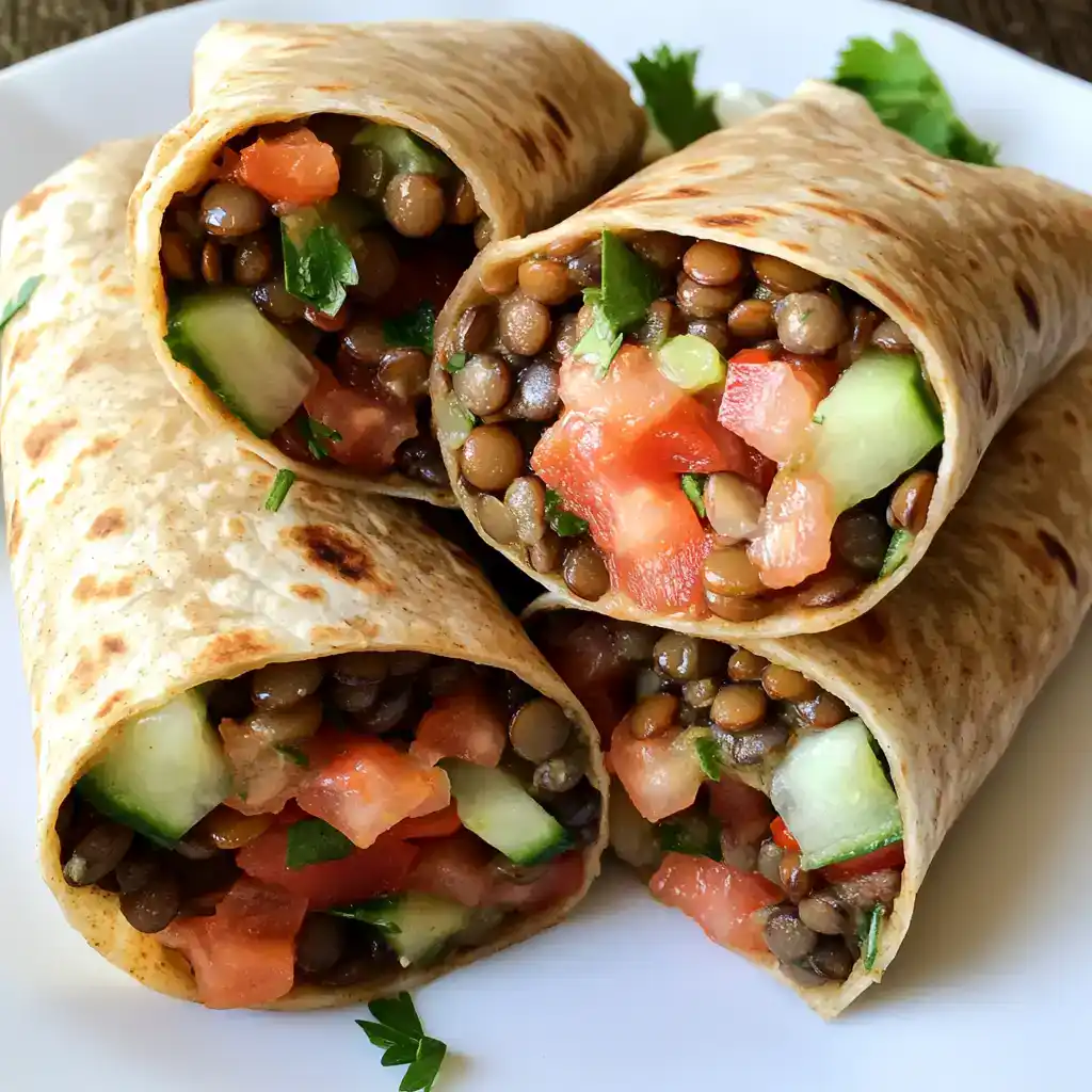 Fresh lentil veggie wraps filled with cucumbers, tomatoes, and herbs, wrapped in warm flatbread, perfect for healthy lunches or quick dinners. Delicious and nutritious station recipes.