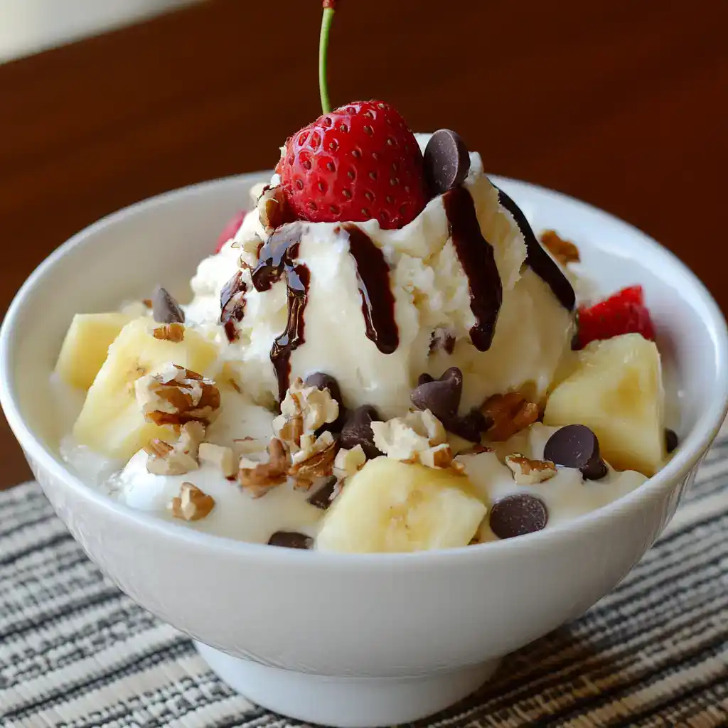 Sweet dessert bowl with fresh strawberries, bananas, chocolate chips, chopped nuts, whipped cream, and chocolate syrup. Perfect for a tasty treat or breakfast.