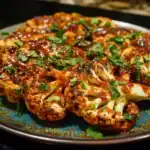Roasted cauliflower florets seasoned with spices and garnished with chopped cilantro, drizzled with flavorful sauce, perfect for healthy appetizers or side dishes.
