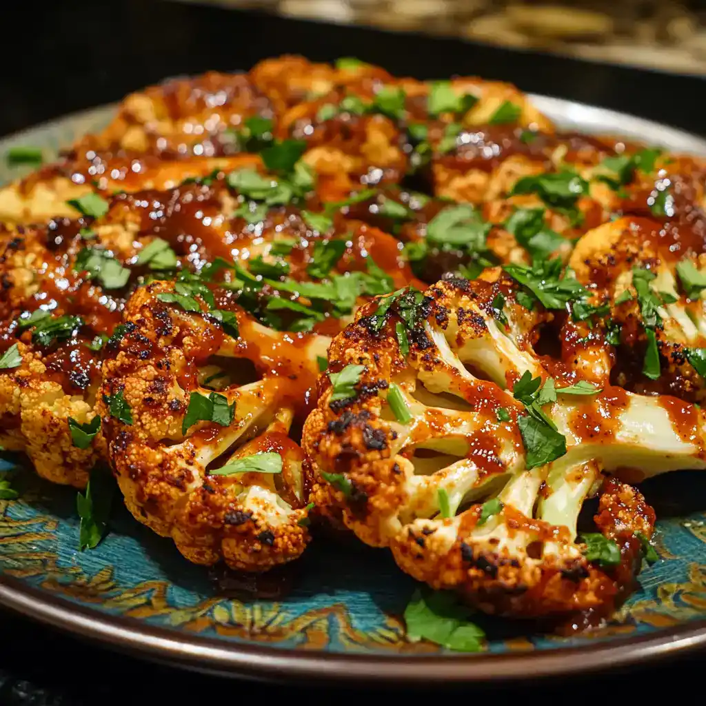 Roasted cauliflower florets seasoned with spices and garnished with chopped cilantro, drizzled with flavorful sauce, perfect for healthy appetizers or side dishes.