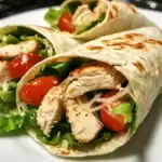 Fresh grilled chicken wrap with lettuce, cherry tomatoes, and onions, wrapped in a warm tortilla. Perfect for quick and healthy lunches or dinners. Easy to make with flavorful ingredients.