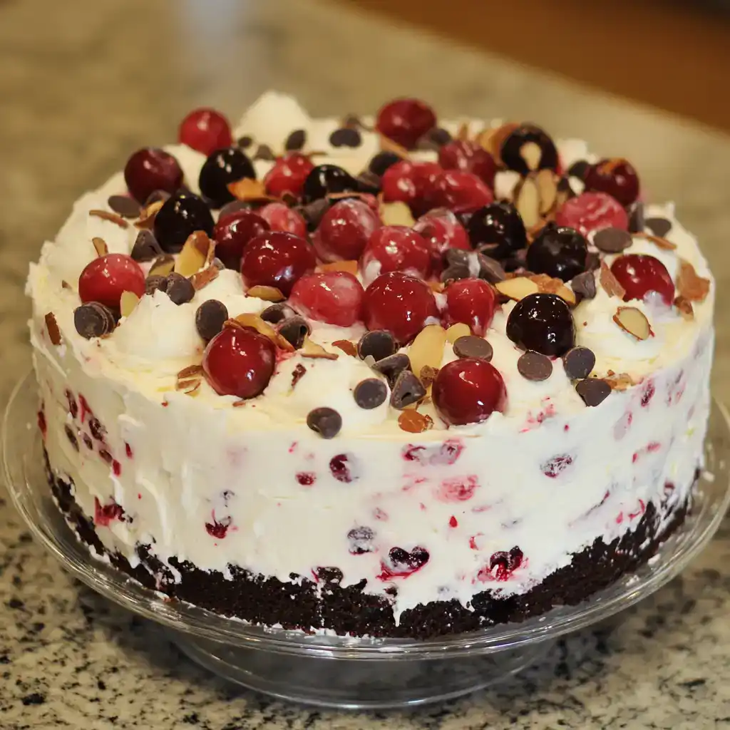 Fresh cherry and chocolate layered cake with whipped cream, chocolate chips, and toasted almond slices on top, perfect for dessert or special occasions.