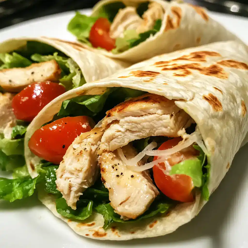 Fresh grilled chicken wrap with lettuce, cherry tomatoes, and onions, wrapped in a warm tortilla. Perfect for quick and healthy lunches or dinners. Easy to make with flavorful ingredients.