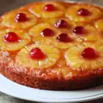 Fresh pineapple upside-down cake with caramelized pineapple slices and maraschino cherries on top, served on a white plate. Perfect for dessert or special occasions.