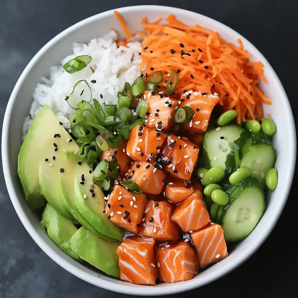 Fresh salmon poke bowl with avocado, cucumber, shredded carrots, rice, green onion, and sesame seeds, perfect for healthy eating and sushi-style meals.