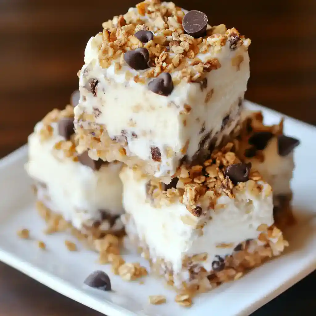 Creamy no-bake coconut cream bars with chocolate chips and crunchy granola topping, perfect for easy homemade dessert recipes. Ideal for a quick treat or snack.