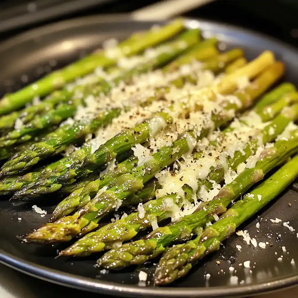 Fresh roasted asparagus spears topped with grated Parmesan cheese, seasoned with black pepper on a skillet. Perfect side dish for any meal, easy to prepare and full of flavor.