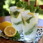 Fresh Lemon Mint Sparkling Water - Refreshing citrus and mint infused sparkling water served over ice with lemon slices. Perfect for hot summer days or as a healthy, flavorful beverage option.