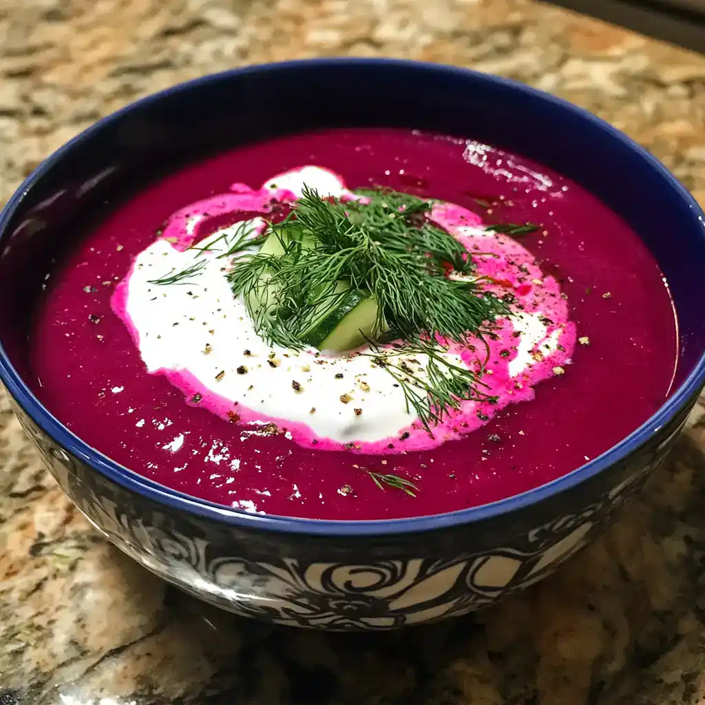 Beet borscht in a decorative bowl garnished with sour cream, fresh dill, and cucumber slices, served on a granite countertop. Perfect for healthy, flavorful vegetarian or vegan meal options.