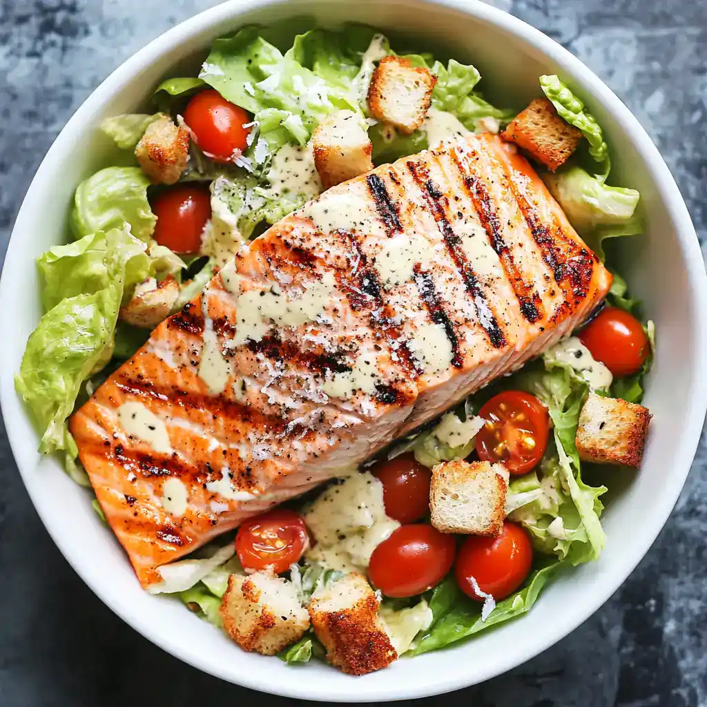 Grilled salmon salad with cherry tomatoes, romaine lettuce, croutons, and creamy dressing, served in a white bowl for a healthy and delicious meal.
