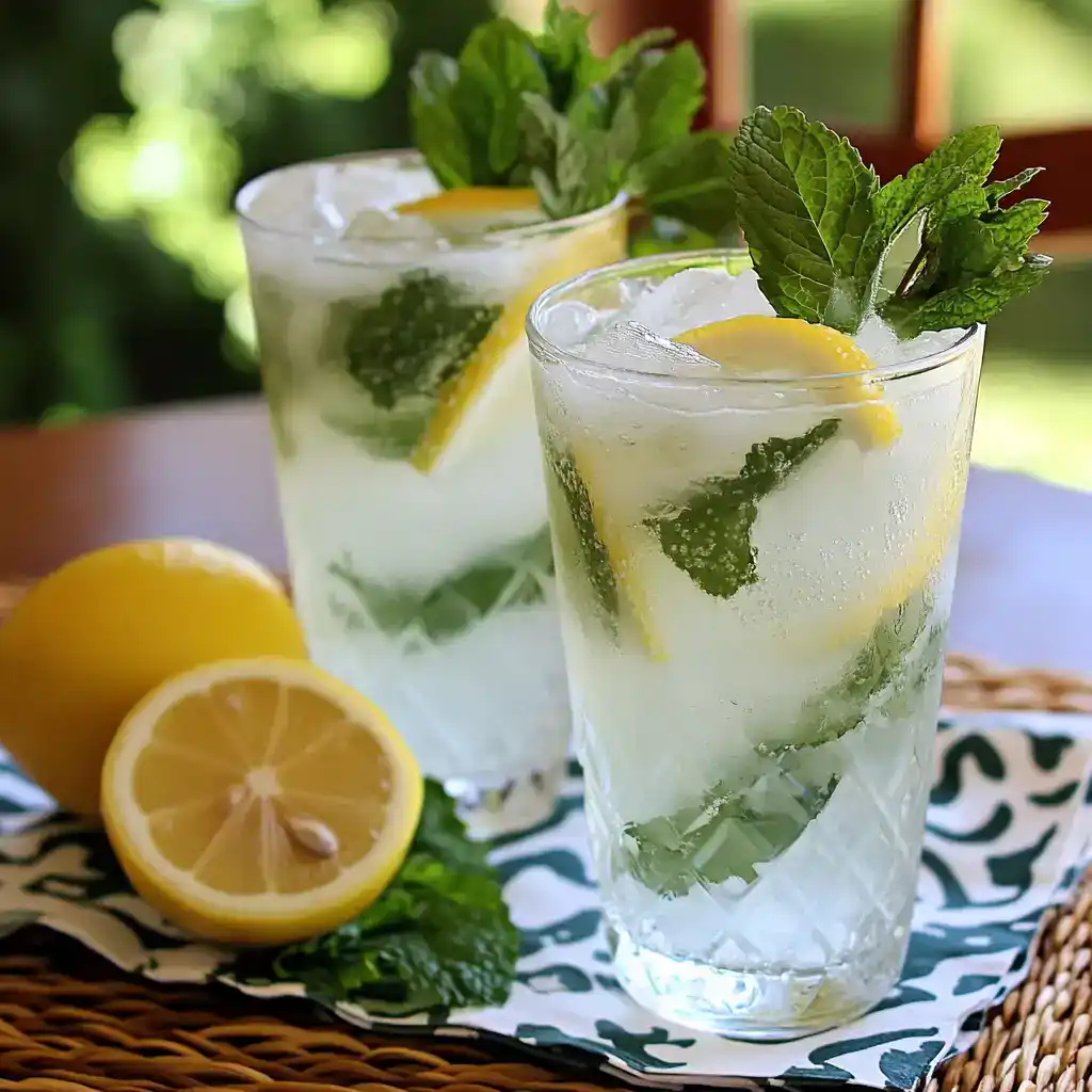 Fresh Lemon Mint Sparkling Water - Refreshing citrus and mint infused sparkling water served over ice with lemon slices. Perfect for hot summer days or as a healthy, flavorful beverage option.
