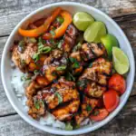 Grilled chicken teriyaki bowl with rice, fresh vegetables, lime wedges, and cherry tomatoes, served in a white bowl on a rustic wooden surface. Perfect meal for healthy eating and flavor.