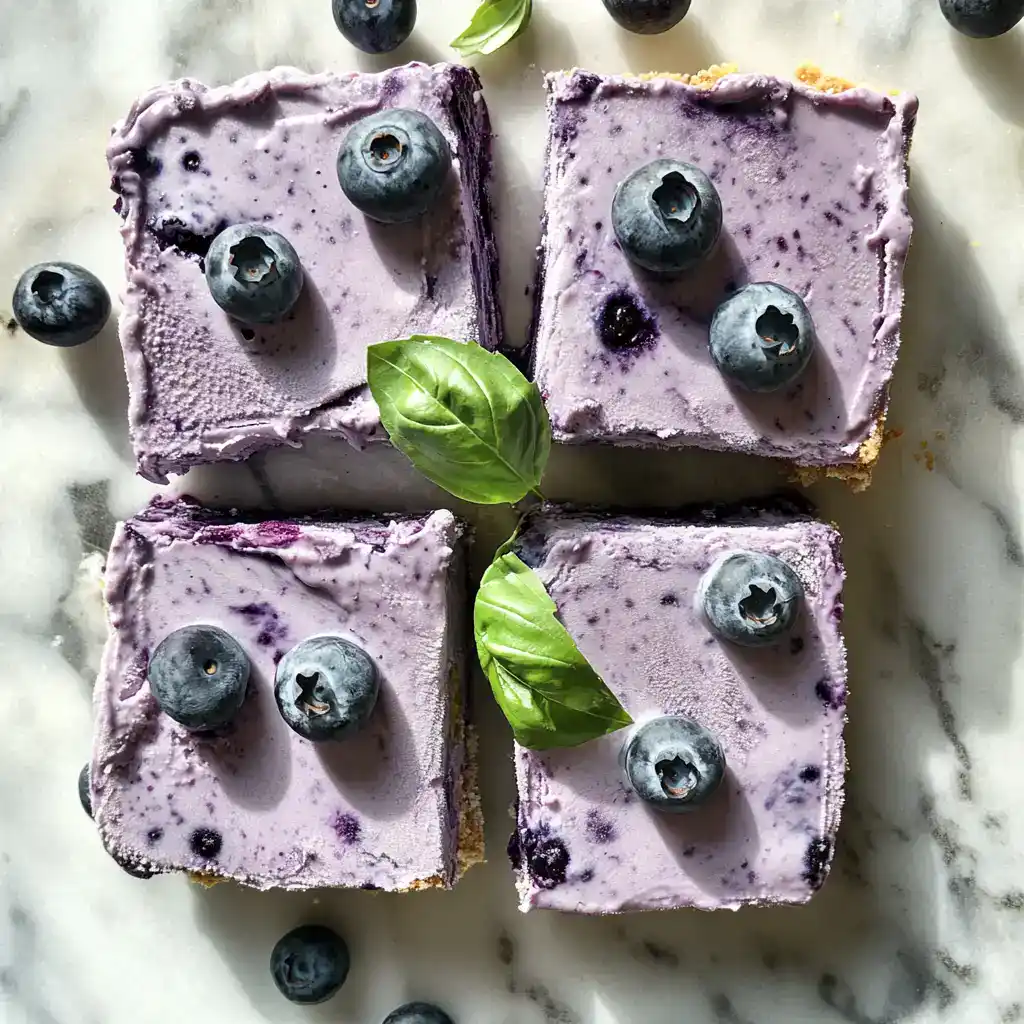 Creamy blueberry cheesecake bars with fresh blueberries and basil garnish, perfect for summer desserts. Simple, delicious, and easy to make at home with fresh ingredients.