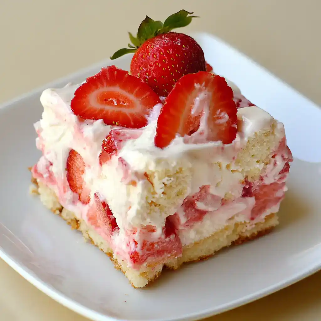 Sweet strawberry shortcake with fresh whipped cream and layers of fluffy sponge cake, perfect for dessert or special occasions. Deliciously light and fruity treat.