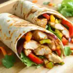 Fresh grilled chicken and vegetable wraps on a wooden cutting board, perfect for healthy meal ideas and lunch recipes.