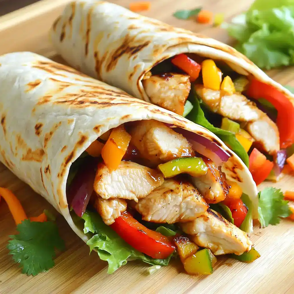 Fresh grilled chicken and vegetable wraps on a wooden cutting board, perfect for healthy meal ideas and lunch recipes.