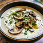 Savory mushroom soup with cream, fresh green onions, black pepper, and a drizzle of olive oil in a rustic bowl. Perfect for cozy meals or gourmet appetizers.