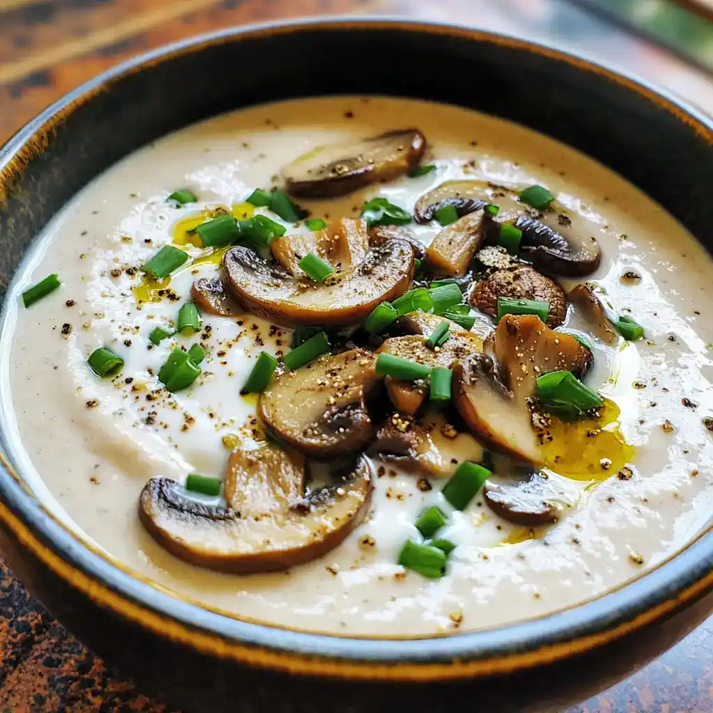 Savory mushroom soup with cream, fresh green onions, black pepper, and a drizzle of olive oil in a rustic bowl. Perfect for cozy meals or gourmet appetizers.
