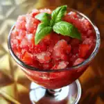 Sweet strawberry granita with crushed ice and fresh basil garnish, perfect for refreshing summer desserts. Ideal for strawberry lovers seeking a cold, fruity treat.
